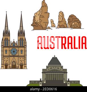 Edifici australiani e icone dei monumenti. Vector Cattedrale di Santa Maria, rocce dei dodici Apostoli, Santuario della memoria. Icone dettagliate di avvistamenti di Au Illustrazione Vettoriale