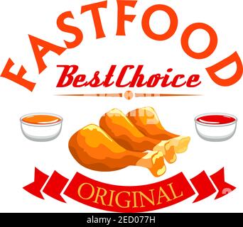 Etichetta fast food. Cosce di pollo fritte croccanti con salsa piccante in ciotole. Emblema a nastro rosso per un elemento di design per barbecue fast food Illustrazione Vettoriale