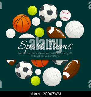 Emblema dell'etichetta di palline sportive e oggetti da gioco. Elementi vettoriali di palline sportive per partite di squadra per rugby, calcio, calcio, baseball, basket, tennis, pallavolo Illustrazione Vettoriale