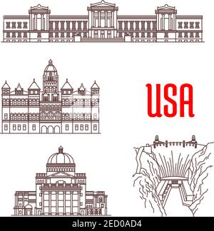 Monumenti americani e icone di avvistamenti. Boston Museum of fine Arts, Old Red Museum of Dallas, la prima chiesa di Cristo, Hoover Dam. Vettore sottile l Illustrazione Vettoriale