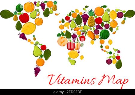 Mappa del mondo delle vitamine della frutta con icone della frutta. La forma dei continenti vettoriali è fatta di prodotti freschi di fattoria e di frutta esotica tropicale. Mela, mango, anguria, Illustrazione Vettoriale