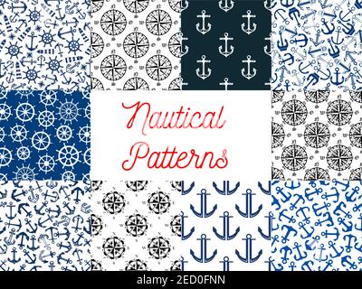 Modelli senza giunture navy nautiche. Set di modelli vettoriali di ancoraggio su catena, volante nave, frecce bussola, faro per il messaggio di saluto Illustrazione Vettoriale