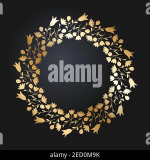 Bordo in oro floreale. Cornice rotonda dorata con fiori selvatici e tulipani. Illustrazione vettoriale EPS10. Illustrazione Vettoriale