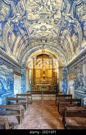 Blue Azulejos nella Cappella del castello di Sao Filipe, Setubal, Costa di Lisbona, Portogallo Foto Stock