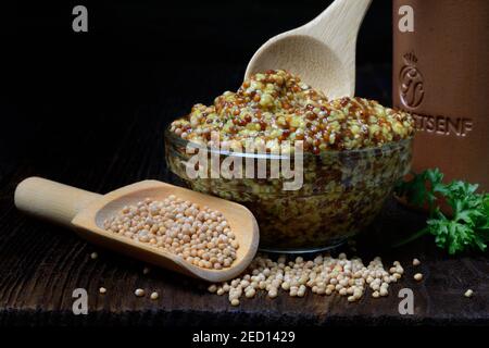 Senape di Digione di Oerniger in recipiente di vetro, semi di senape e mestolo di legno, Francia Foto Stock