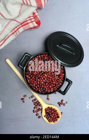 Fagioli secchi in pentola di ghisa, cucchiaio da cucina, Germania Foto Stock