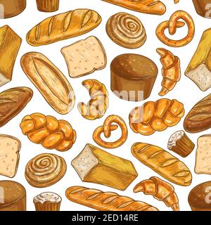 Modello di pane. Panificio negozio senza giunture gres pane e pasticceria prodotti di grano e segala pane loafs, bagel, croissant, pretzel, panini dolci, torte, tazza Illustrazione Vettoriale