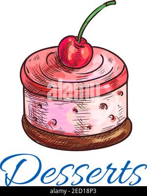 Icona dessert. Emblema del biscotto dolce al soufflé di ciliegia. Torta di mousse cremosa colore vettore disegno etichetta di schizzo per caffè carta menu, mensa cartello, ba Illustrazione Vettoriale