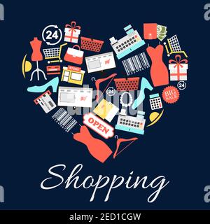 Amo lo shopping emblema in forma di cuore. Icone vettoriali di moderni abiti di lusso e accessori di donna alla moda. Abito, tacchi alti, gioielli, regali, ha Illustrazione Vettoriale