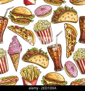 Fast food modello senza cuciture. Modello vettoriale di spuntini di carne fast food e dolci di cheeseburger, pizza a fette, tacos, patatine fritte, bevande analcoliche, Illustrazione Vettoriale