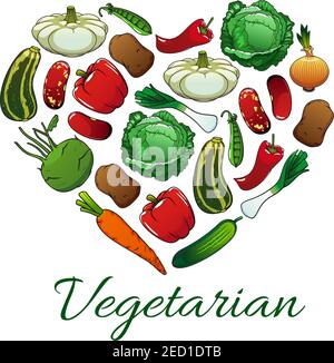 Amo l'emblema vegetariano a forma di cuore. Etichetta vettoriale di verdure fresche di allevamento di cavolo, pepe, fagiolo, carota, patata, kohlrabi, cetriolo, piselli. Veg Illustrazione Vettoriale