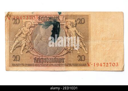 Banconota da oltre venti marchi, Reichsmark, 20 RM, retro con inchiostro macchiato, Reichsbanconota da 1929, Repubblica di Weimar, Germania Foto Stock