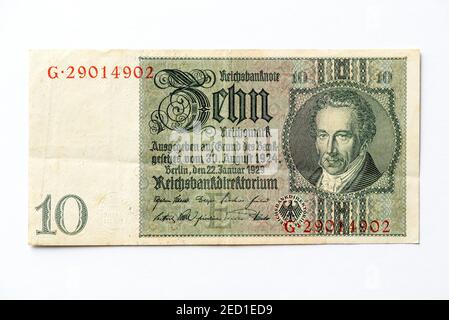 Banconota da dieci marchi, Reichsmark, 10 RM, in rovina con effigie di Albrecht Daniel Thaler, Reichsbanconota dal 1929, Repubblica di Weimar, Germania Foto Stock