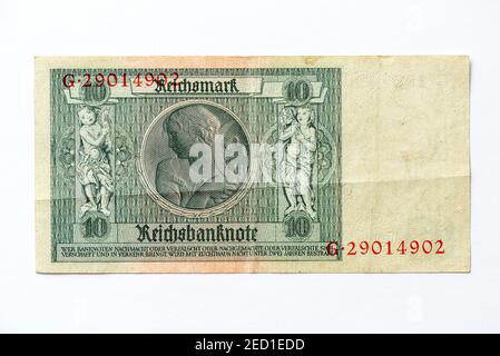 Banconota da dieci marchi, Reichsmark, 10 RM, reverse side, Reichsbanconota da 1929, Weimar Republic, Germania Foto Stock