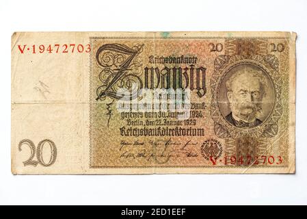 Banconota da oltre venti marchi, Reichsmark, 20 RM, fronte con effigie di Werner von Siemens, Reichsbanconota dal 1929, Weimar Republic, Germania Foto Stock