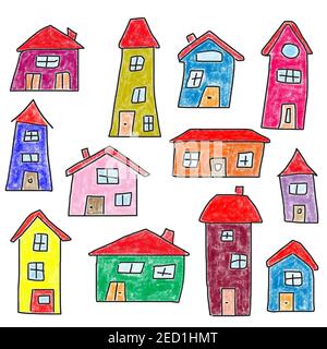 Illustrazione ingenua, disegni per bambini, case colorate, Austria Foto Stock