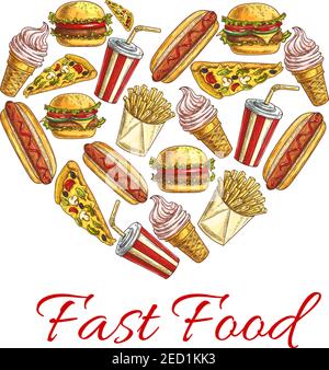 Icone di schizzo di fast food forma del cuore combinata. Adoro il concetto di fast food. Etichetta Vector Fastfood con elementi di cheeseburger, fetta di pizza, hot dog, fren Illustrazione Vettoriale