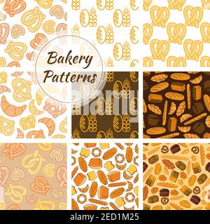 Pane fresco da forno. Modello vettoriale senza giunture di bozzetti pane e prodotti da forno orecchie di grano e segale, focaccine di pane, bagel, croissant, pretzel, sw Illustrazione Vettoriale