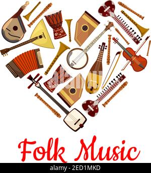 Cuore di musica folk emblema di strumenti musicali. Etichetta musicale con pattern di strumenti folk violino, banjo, biwa, koto, balalaika, armonica, dr Illustrazione Vettoriale