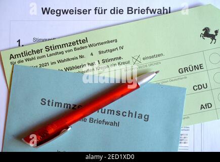 Documenti ufficiali di voto postale, Landtag Election Baden-Wuerttemberg su 14.03.2021, Germania Foto Stock