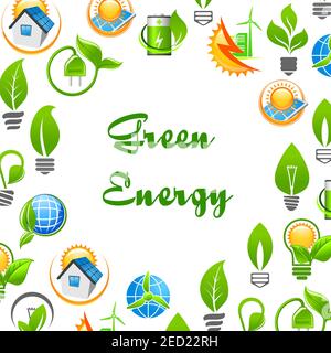 Poster sulla protezione ambientale Green Energy. Banner con icone vettoriali di foglie verdi, spina elettrica, batteria solare, globo, casa, lampadina. Naturale e Illustrazione Vettoriale