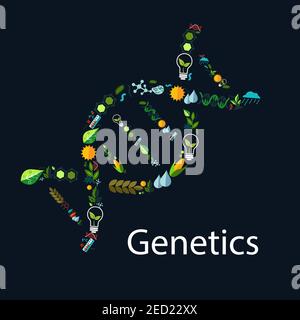 Emblema concettuale della forma del dna della genetica. Simbolo della ricerca tecnologica in medicina e genetica umana. Icone vettoriali piatte di fonti di energia verde, lampada bu Illustrazione Vettoriale