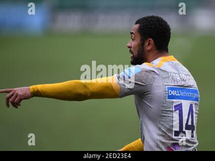 Sixways Stadium, Worcester, Worcestershire, Regno Unito. 14 Feb 2021. Premiership Rugby, Worcester Warriors vs. Wasps; Zach Kibirige of Wasps Gestures Credit: Action Plus Sports/Alamy Live News Foto Stock