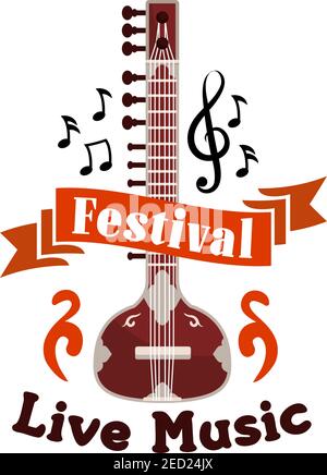 Simbolo vettoriale del festival di musica folk dal vivo. Musical label design con string music istrument chitarra, banjo, gambusi, biwa, koto, musica, note, clef Illustrazione Vettoriale