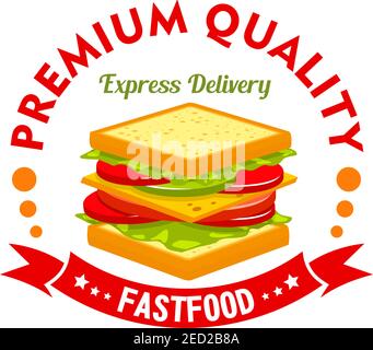 Fast food, caffetteria e paninoteca con prosciutto e sandwich di formaggio con pomodoro, cetriolo e lattuga, intestazione consegna espressa e banner a nastro con sta Illustrazione Vettoriale