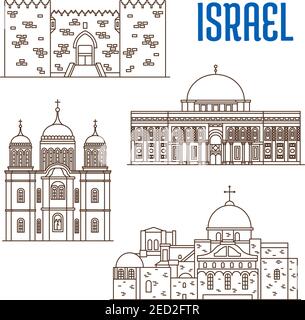 Edifici storici di Israele. Icone vettoriali a linea sottile della porta di Damasco, la Moschea di al-Aqsa, il Monastero di Ein Karem, la Chiesa del Santo Sepolcro. Spettacolo israeliano Illustrazione Vettoriale