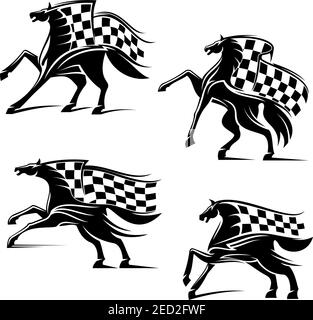 Emblemi sportivi da corsa. Cavalli con bandiere a scacchi che corrono, che battono, che si allontano, che corrono. Cavallo o auto corse icone vettoriali per club sportivo, bookmaker signb Illustrazione Vettoriale