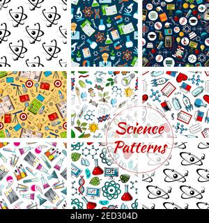Science Vector Seamless Patterns Set di cancelleria, atomo e formula, microscopio e telescopio, dna, sostanze chimiche, sostanza e gene, molecola e globo Illustrazione Vettoriale