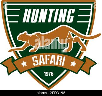 Cartello per il safari di caccia. Simbolo dello scudo della squadra di caccia. Safari caccia di leopardo animale selvaggio, pantera, nastro, stella Illustrazione Vettoriale