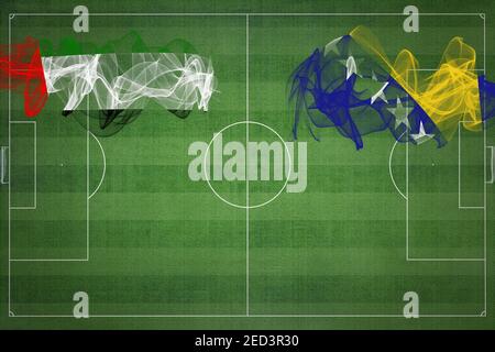 Emirati Arabi Uniti vs Bosnia Erzegovina Soccer Match, colori nazionali, bandiere nazionali, campo di calcio, gioco di calcio, concetto di competizione, Copy s. Foto Stock