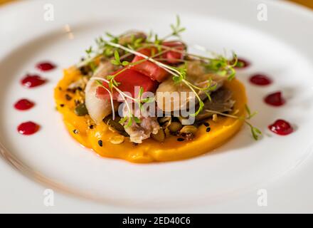 Ottimo piatto da pranzo: Sgombro affumicato, purea di patate dolci e gel di barbabietole dello chef Paul Wedgwood, Scozia, Regno Unito Foto Stock