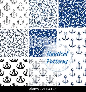 Set di modelli nautici. Vettore sfondo marino senza giunture di ancoraggio nave, timone marinaio, faro faro rotante. Modello Navy Illustrazione Vettoriale