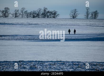 Dannenrod, Germania. 14 Feb 2021. Due escursionisti camminano lungo un vicolo di campagna attraverso il paesaggio innevato. Le temperature scendono molto al di sotto del gelo, soprattutto di notte. Credit: Boris Roessler/dpa/Alamy Live News Foto Stock