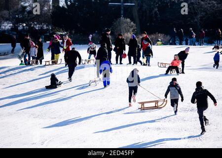 Berlino, Germania. 14 Feb 2021. Germania, Berlino, 14 febbraio 2021: I cavalieri delle slitte possono essere visti mentre la gente gode il fine settimana sotto il sole in Viktoriapark nel distretto di Kreuzberg Berlino il giorno di San Valentino nonostante le restrizioni rigorose di contatto e le misure di Corona in atto a causa della pandemia globale di Covid-19. Un fenomeno meteorologico chiamato scissione polare del vortice ha portato neve e venti ghiacciati a Berlino e Brandeburgo con temperature ben al di sotto del congelamento. (Foto di Jan Scheunert/Sipa USA) Credit: Sipa USA/Alamy Live News Foto Stock