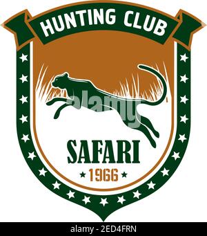 Cartello di caccia. Distintivo icona isolato vettore club sportivo cacciatori. Simbolo africano di caccia safari avventura con leopardo, pantera ghepardo, scudo, savana, costolette Illustrazione Vettoriale
