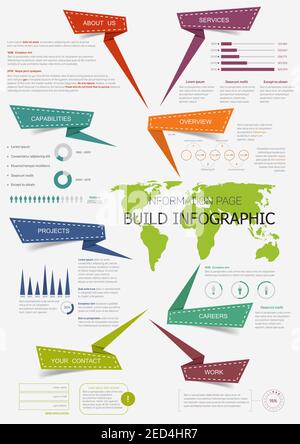 Costruisci infografica con mappa del mondo. Pagina di informazioni sulla presentazione con grafico a torta, diagramma a fasi e grafici a barre, layout del testo con intestazione della freccia origami. BU Illustrazione Vettoriale
