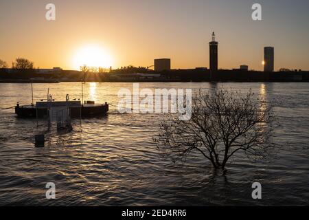 COLONIA, GERMANIA - 4 FEBBRAIO 2021: Acque alte sul fiume Reno a Colonia il 4 febbraio 2021 in Germania Foto Stock