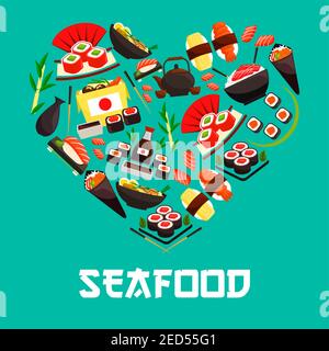 Poster a forma di cuore con frutti di mare. Simbolo vettoriale progettato per la cucina giapponese con involtini di gamberi sushi, sashimi di salmone su riso al vapore e wok di pesce Illustrazione Vettoriale