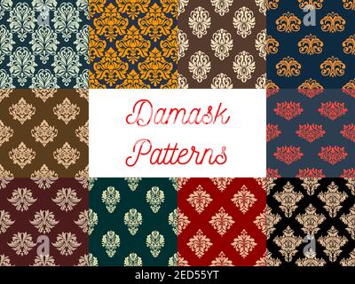 Set di modelli Damask. Vettoriale sfondo senza giunture di motivi floreali ornati. Fiorire piastrelle decorative floreali set di decorazioni barocche e roco ornamentale Illustrazione Vettoriale