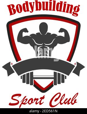 Icona vettore bodybuilding. Palestra, segno o badge per club sportivo per la palestra crossfit, club fitness con muscleman, atleta con pesi e manubri o barbano di ferro Illustrazione Vettoriale