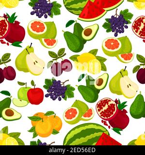 Modello di frutta. Vector sfondo senza cuciture di melone succoso e arancio, avocado, melograno, susina e uva, limone di agrumi, pomelo e mela, pera, Illustrazione Vettoriale