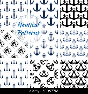 Set di modelli nautici. Vettore sfondo senza giunture di ancoraggio blu, timone di nave, bussola e rosa vento. Piastrelle disegno di marina e nave Araldica Navy symb Illustrazione Vettoriale