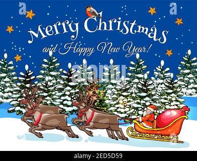 Biglietto d'auguri per Natale e Capodanno. Babbo Natale con borsa regalo a cavallo su slitta di cervi attraverso la pineta innevata nella notte di Natale. Inverno ho Illustrazione Vettoriale