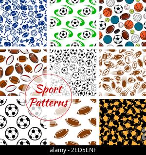 Modelli sportivi Set di palle e giochi sportivi di calcio, pallavolo e pallacanestro, rugby e bowling, racchette da tennis, pattini freccette e. Illustrazione Vettoriale