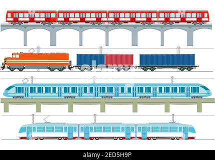 Set di moderni treni passeggeri, metropolitana, treni ad alta velocità e metropolitana, tram, cargo - illustrazione vettoriale Illustrazione Vettoriale