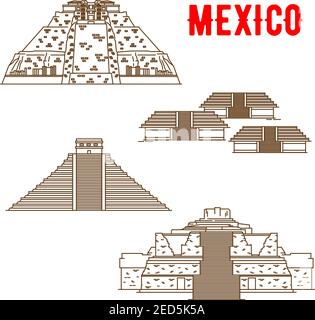 Uxmal, Teotihuacan, Chichen Itza, Ek Balam. Antichi e storici luoghi di interesse culturale del Messico. Vettore linea sottile simboli di Maya An famoso archeologico Illustrazione Vettoriale